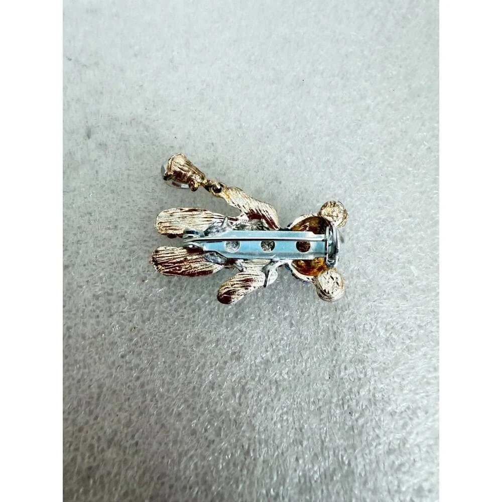 Vintage 1980s AB Rhinestone Teddy Bear Brooch Dangling Teardrop Crystal Pin DES
